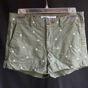 Old Navy Daisy Embroidered Olive Mid-Rise Shorts